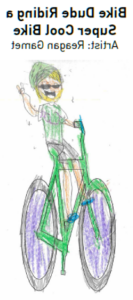 一个戴着眼镜、帽子、手拿和平标志的家伙骑着一辆绿紫色的自行车.